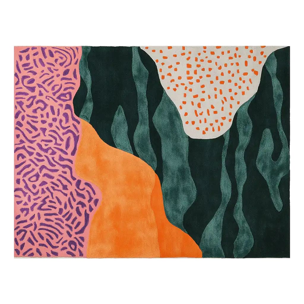 Vibrant and artistic area rug featuring an abstract design with bold colors like purple, orange, and green. This contemporary wool rug is perfect for adding a splash of color to large living rooms. Ideal as an 8x10 living room rug.