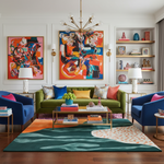 Colorful living room with a green sofa, blue chairs, and abstract art on the walls.