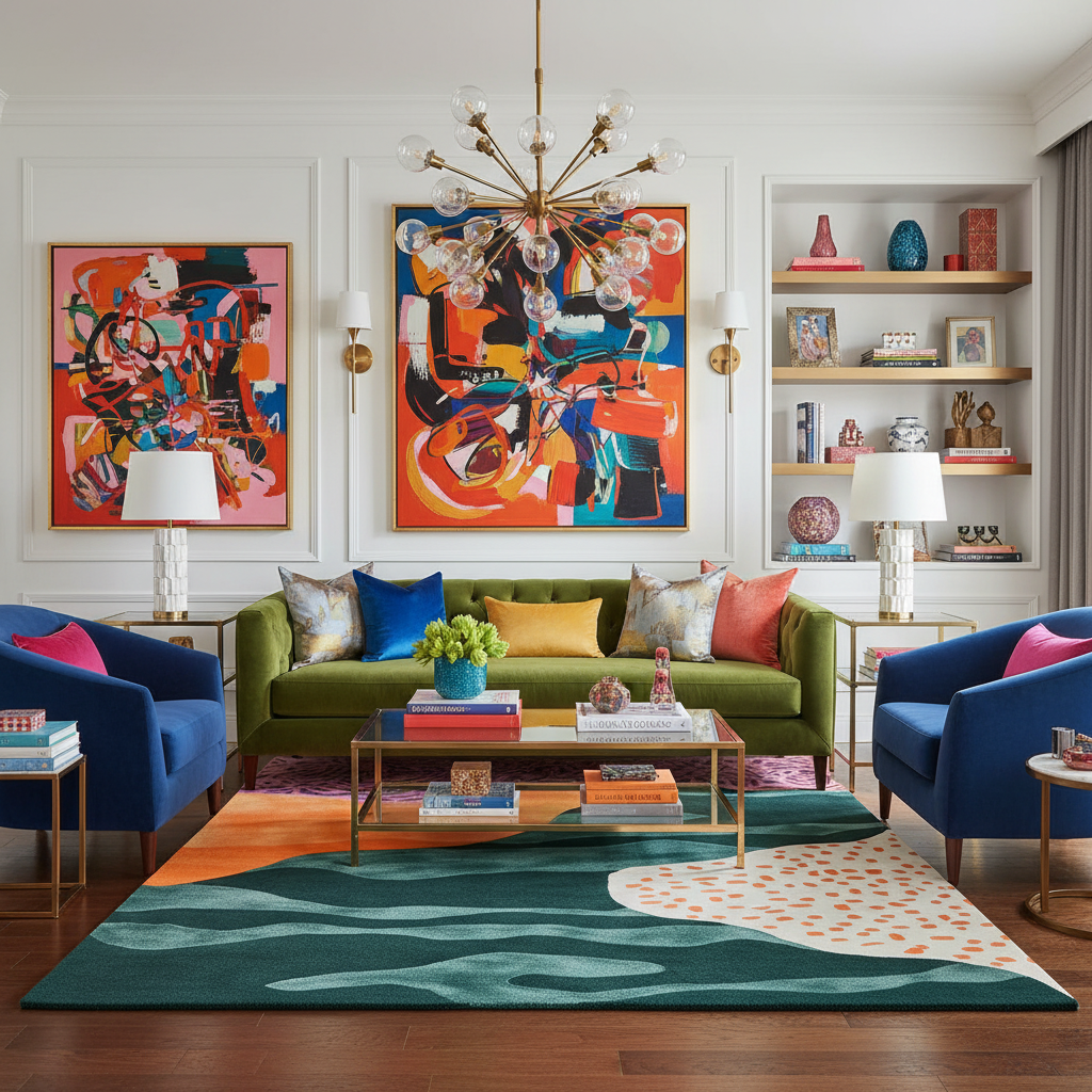 Colorful living room with a green sofa, blue chairs, and abstract art on the walls.