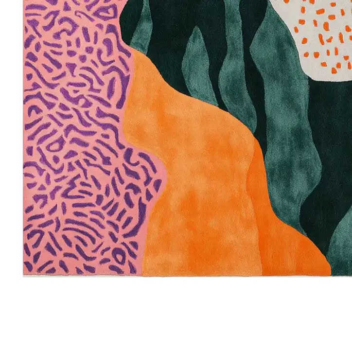 Vibrant abstract design of the Radiant Bloom Tapestry Hand Tufted Wool Rug, featuring bold colors like pink, orange, and green. This contemporary area rug is perfect for adding a modern touch to large living rooms, available in size 8x10.