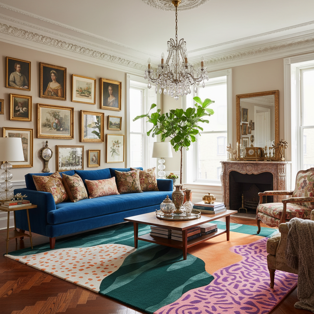 Living room with a blue sofa, colorful rug, and decorative elements.