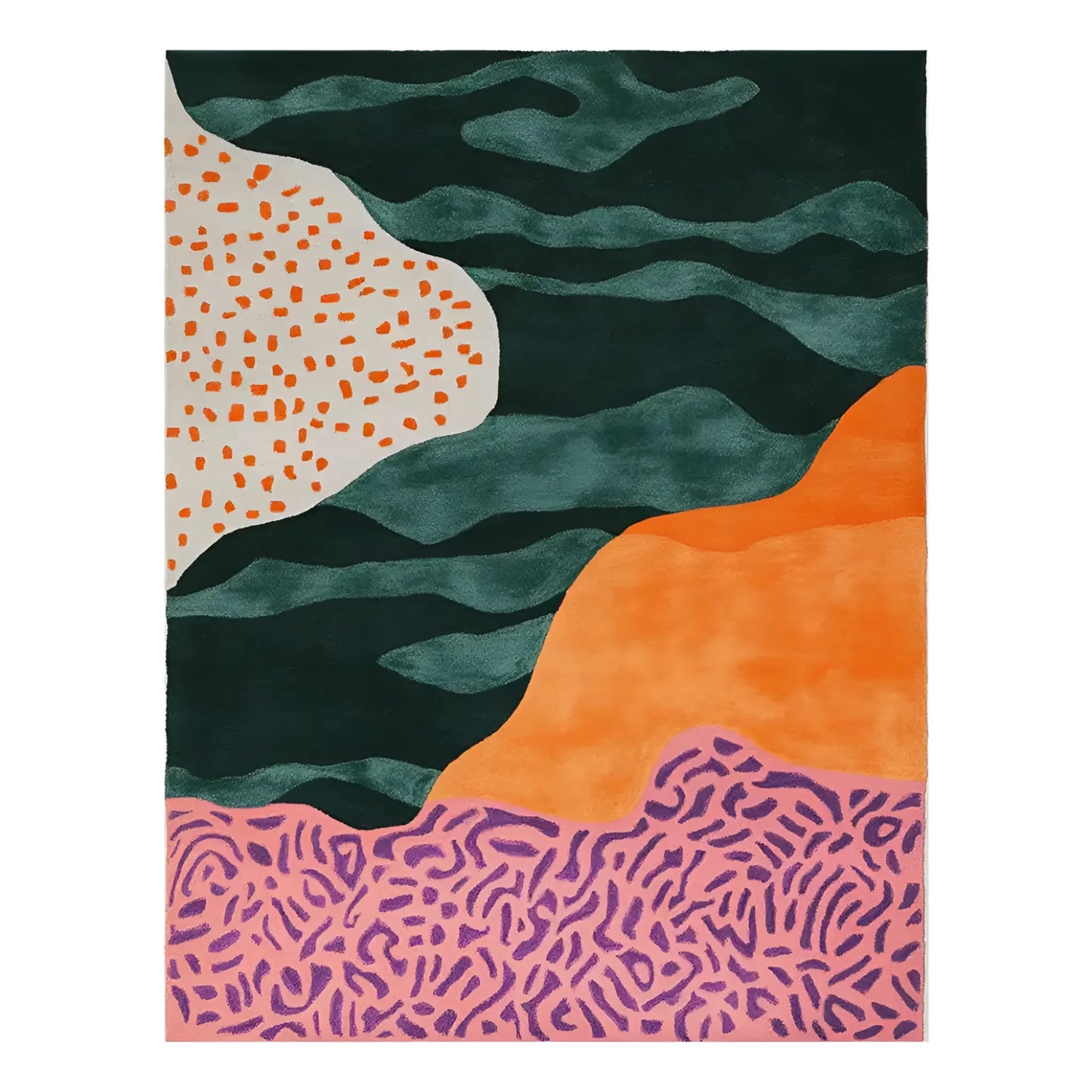 Vibrant area rug featuring abstract patterns in green, orange, and pink hues, perfect as a contemporary wool rug for large living room spaces. This hand tufted living room rug in 8x10 size adds a modern artistic flair.