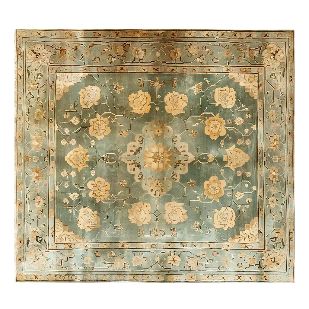 Top view of the Radiant Blooms Knotted Wool Rug, an elegant area rug featuring a floral pattern with soft, warm tones. Perfect for enhancing the decor of living rooms, this wool rug offers both style and comfort, making it an ideal choice for area rugs for living room spaces.