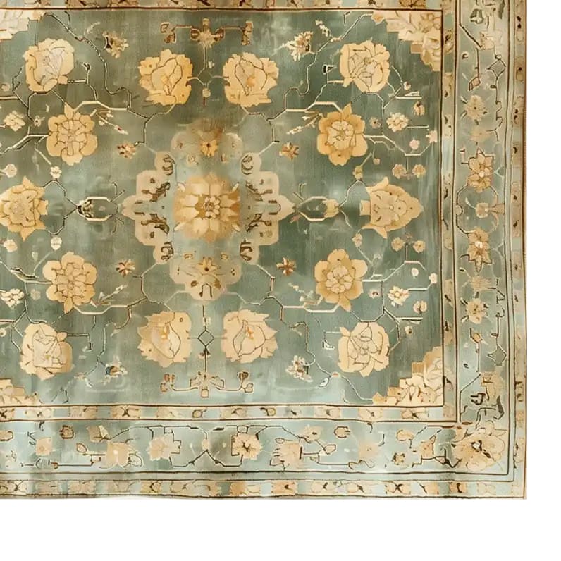 Top view of the Radiant Blooms Knotted Wool Rug, showcasing intricate floral patterns in soft hues, perfect for adding elegance to any living room. This area rug is crafted from high-quality wool, ideal for those seeking luxurious rugs for living room spaces.