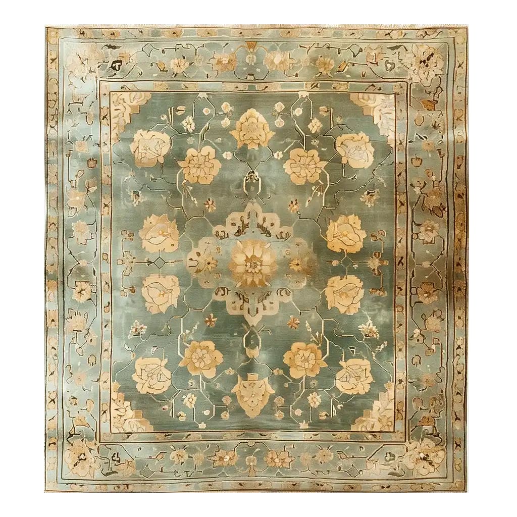 Elegant Radiant Blooms Knotted Wool Rug with intricate floral patterns in soft beige and blue tones, perfect as an area rug for adding warmth and style to your living room.