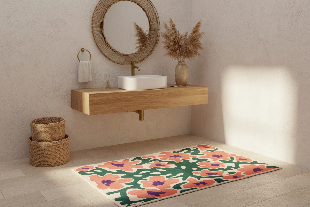 Boho Bathroom with wooden vanity, round mirror, and floral-patterned rug.
