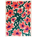 Vibrant Radiant Blossom Vase Hand Tufted Wool Rug featuring bold red and green floral patterns on a creamy background. This contemporary area rug adds a splash of color and elegance to large living room spaces, crafted from high-quality wool for a luxurious feel.