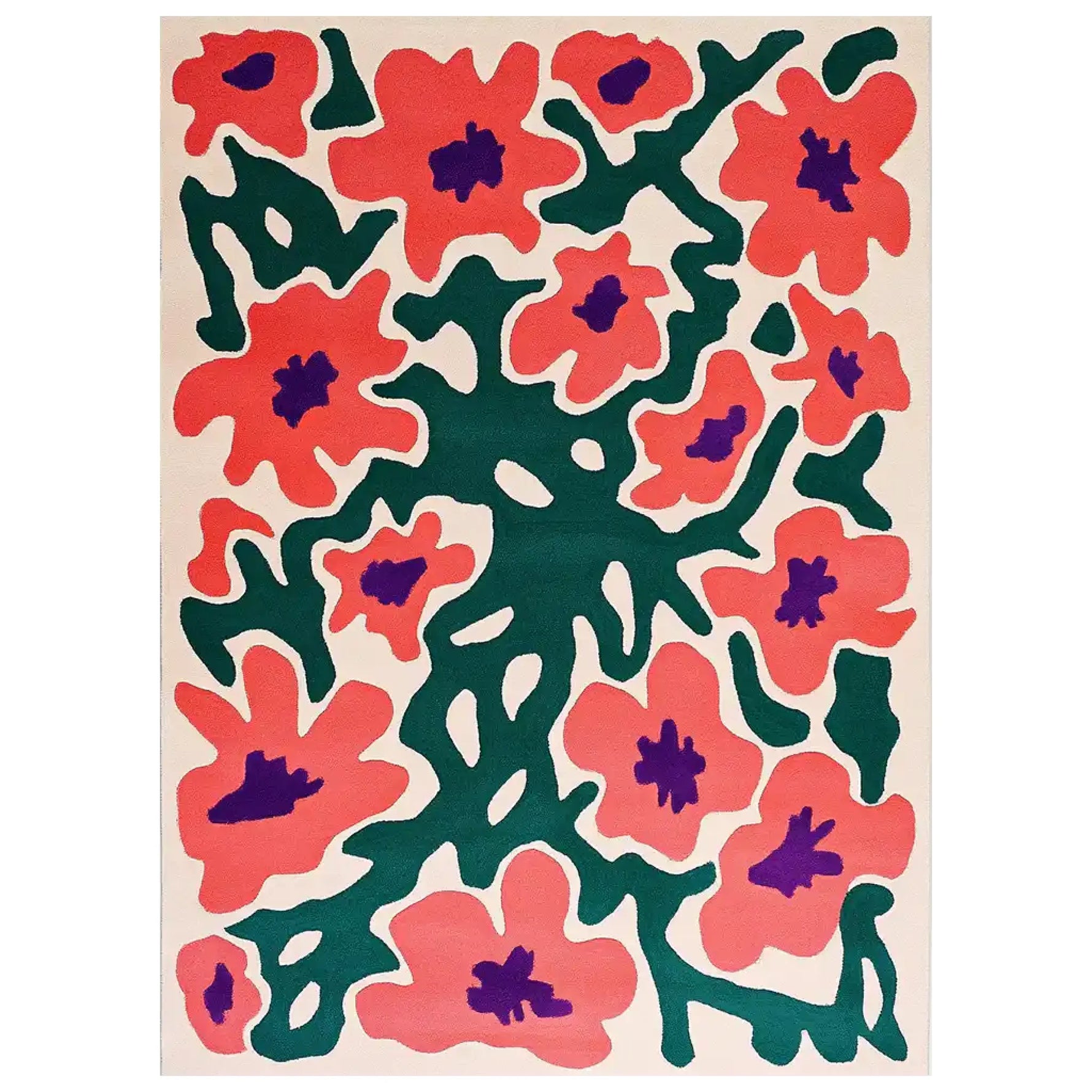 Vibrant Radiant Blossom Vase Hand Tufted Wool Rug featuring bold red and green floral patterns on a creamy background. This contemporary area rug adds a splash of color and elegance to large living room spaces, crafted from high-quality wool for a luxurious feel.