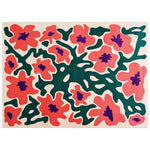 A vibrant area rug featuring an abstract floral design with bold red and purple blossoms intertwined with dark green stems, ideal for a contemporary living room. This hand-tufted wool rug adds a modern touch to large living spaces, perfect as an area rug for living rooms.