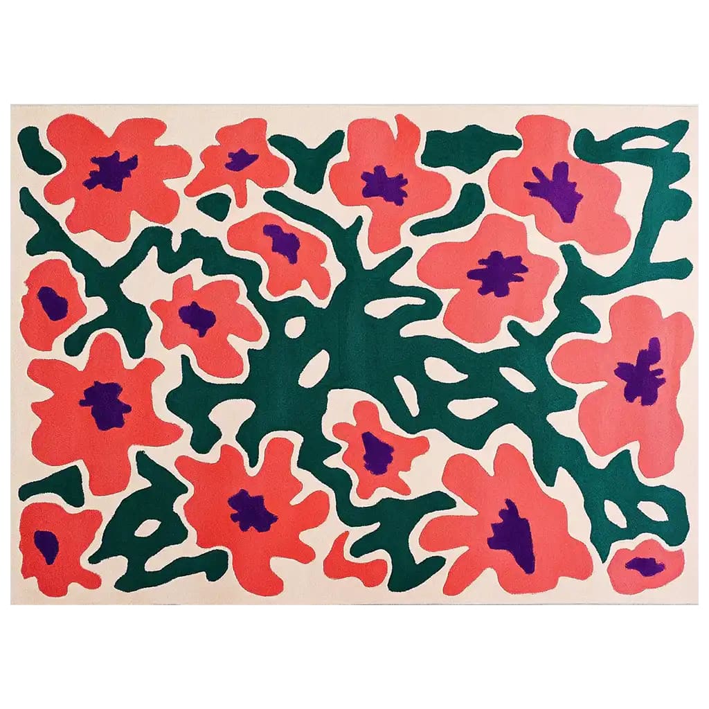 A vibrant area rug featuring an abstract floral design with bold red and purple blossoms intertwined with dark green stems, ideal for a contemporary living room. This hand-tufted wool rug adds a modern touch to large living spaces, perfect as an area rug for living rooms.