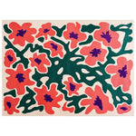 A vibrant area rug featuring an abstract floral design with bold red and purple blossoms intertwined with dark green stems, ideal for a contemporary living room. This hand-tufted wool rug adds a modern touch to large living spaces, perfect as an area rug for living rooms.