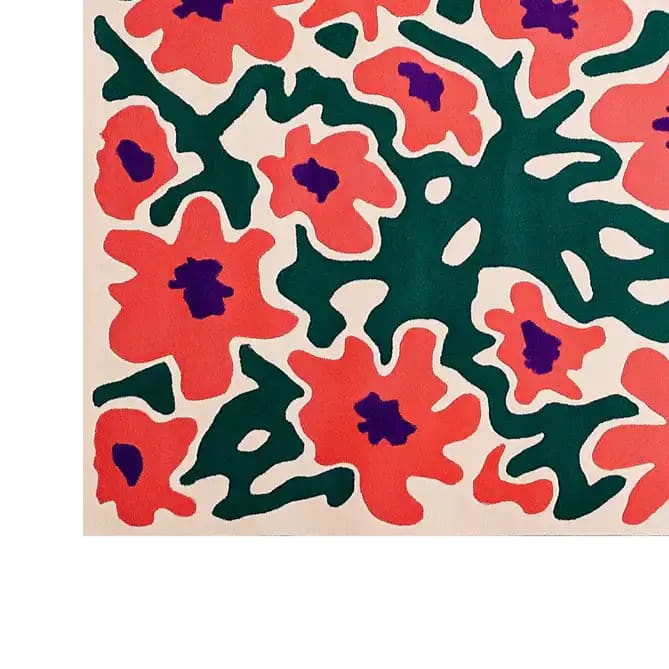 Vibrant Radiant Blossom Vase Hand Tufted Wool Rug featuring bold abstract floral patterns in red, green, and purple. This contemporary rug is perfect for adding a stylish touch to large living room areas, offering a cozy and artistic feel with its premium wool texture.