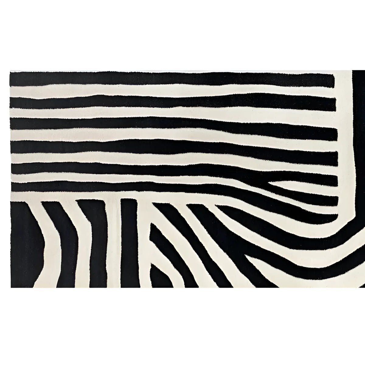 A striking black and white striped wool rug with a zebra pattern, perfect for adding a contemporary touch to any space. This runner rug is ideal for kitchens, hallways, or bathrooms, offering a stylish and durable option for high-traffic areas.