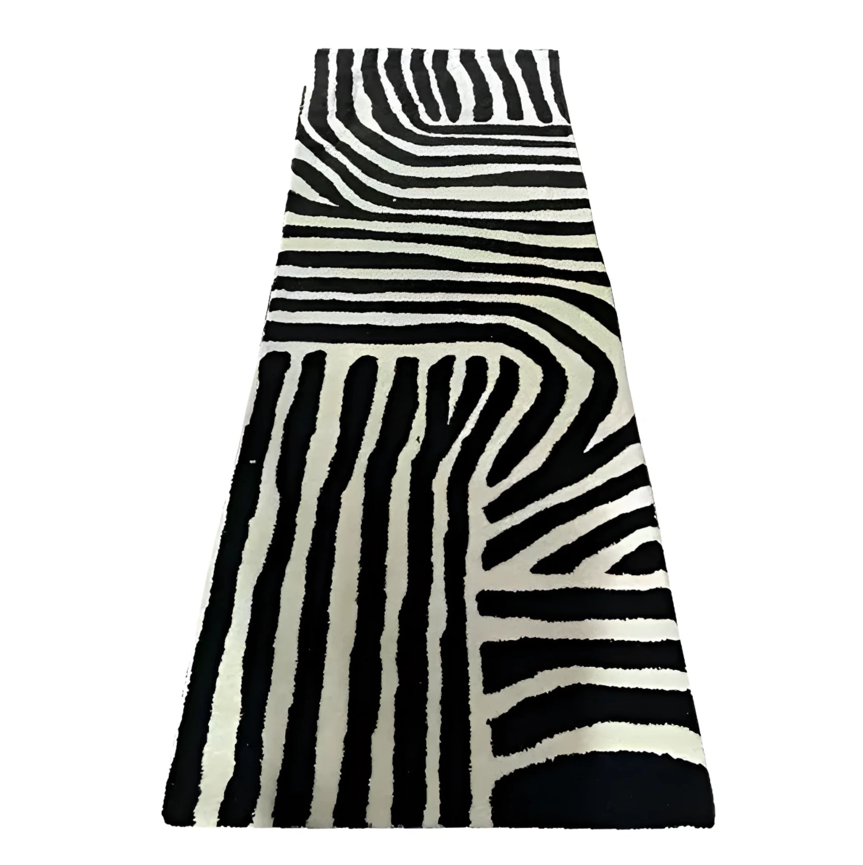 A stylish black and white runner rug featuring an abstract zebra stripe pattern, perfect for adding a contemporary touch to your kitchen, hallway, or bathroom. This hand-tufted wool rug blends modern design with timeless elegance, ideal as a kitchen runner rug or hallway runner rug.