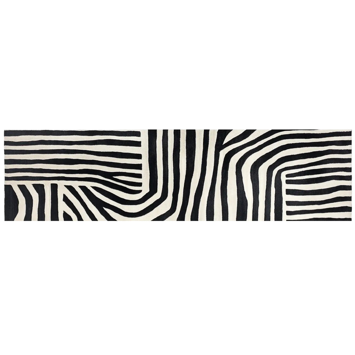 Top view of the Radiant Burst Hand Tufted Wool Runner Rug featuring a black and white abstract zebra stripe pattern, perfect for contemporary spaces. Ideal as a kitchen rug, hallway runner rug, or bathroom runner rug, this wool rug adds a stylish touch to any home.