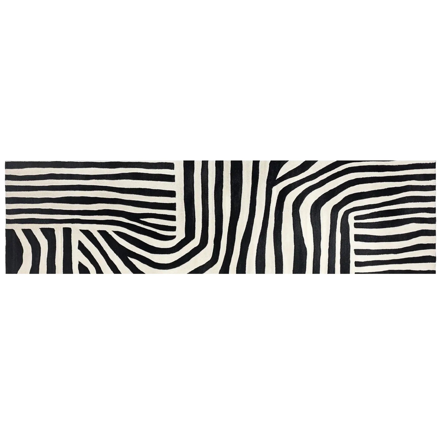 Top view of the Radiant Burst Hand Tufted Wool Runner Rug featuring a black and white abstract zebra stripe pattern, perfect for contemporary spaces. Ideal as a kitchen rug, hallway runner rug, or bathroom runner rug, this wool rug adds a stylish touch to any home.