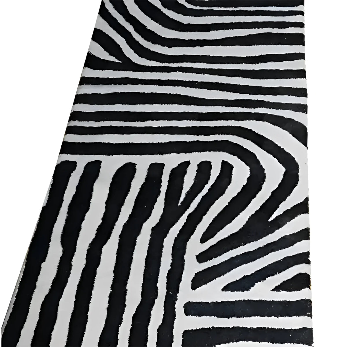 Top view of a Radiant Burst Hand Tufted Wool Rug featuring an abstract black and white pattern, ideal as a runner rug for kitchens, hallways, or bathrooms. This contemporary wool rug adds a modern touch to any space.