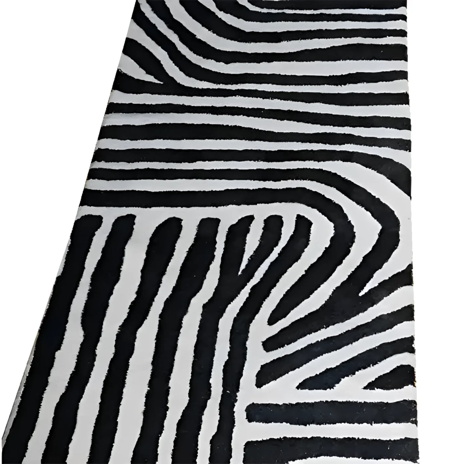 Top view of a Radiant Burst Hand Tufted Wool Rug featuring an abstract black and white pattern, ideal as a runner rug for kitchens, hallways, or bathrooms. This contemporary wool rug adds a modern touch to any space.