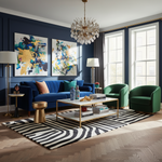 Modern living room with blue sofa, green armchairs, and abstract art on navy walls.