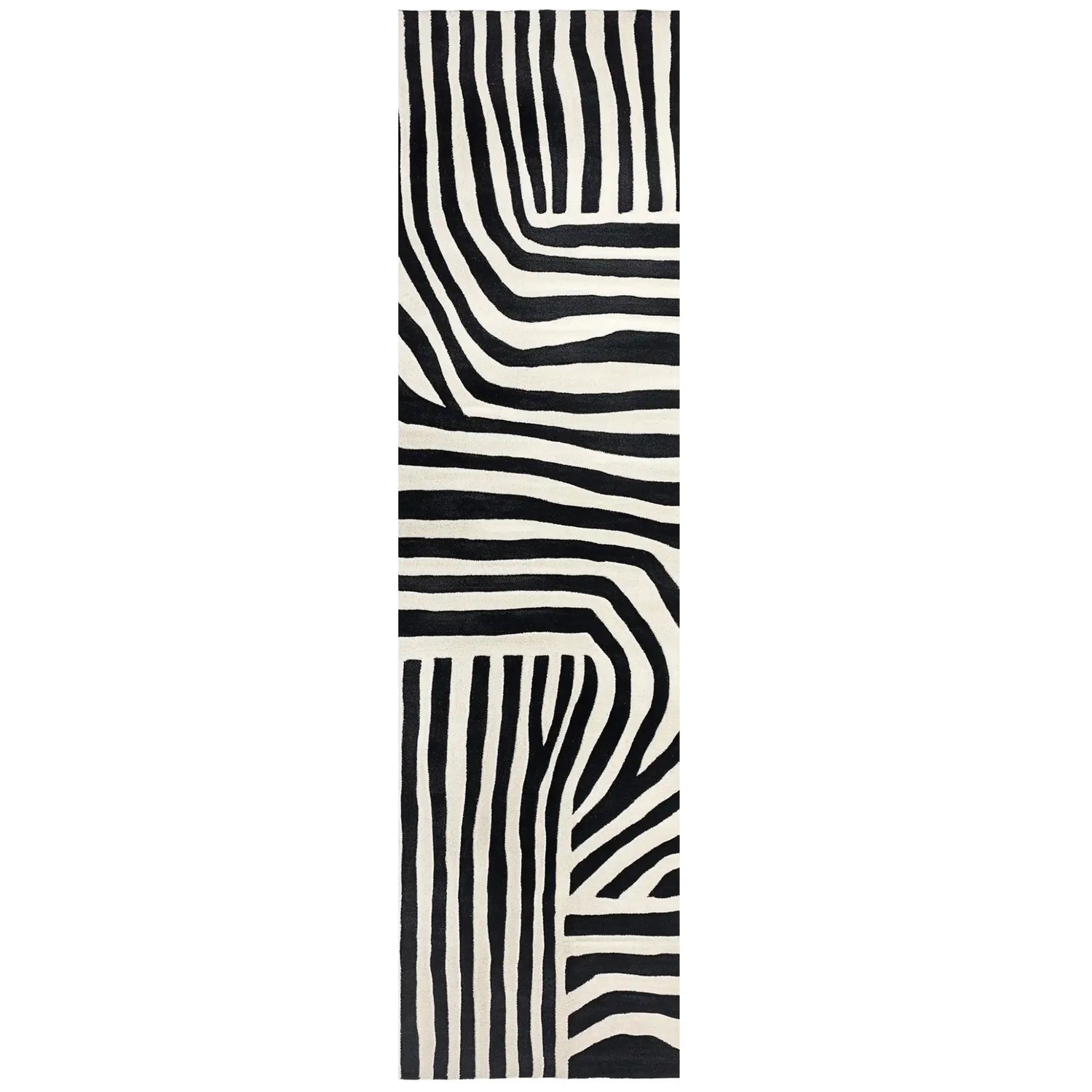 Top view of a contemporary runner rug showcasing a bold, black and white abstract pattern. Perfect for kitchens, hallways, and bathrooms, this hand-tufted wool rug adds a stylish touch to any space.