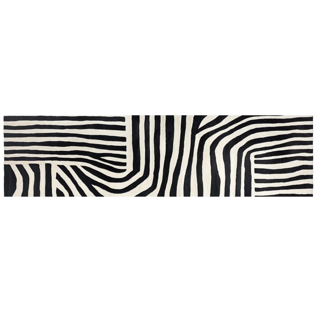 Top view of the Radiant Burst Hand Tufted Wool Runner Rug featuring a black and white abstract zebra stripe pattern, perfect for contemporary spaces. Ideal as a kitchen rug, hallway runner rug, or bathroom runner rug, this wool rug adds a stylish touch to any home.