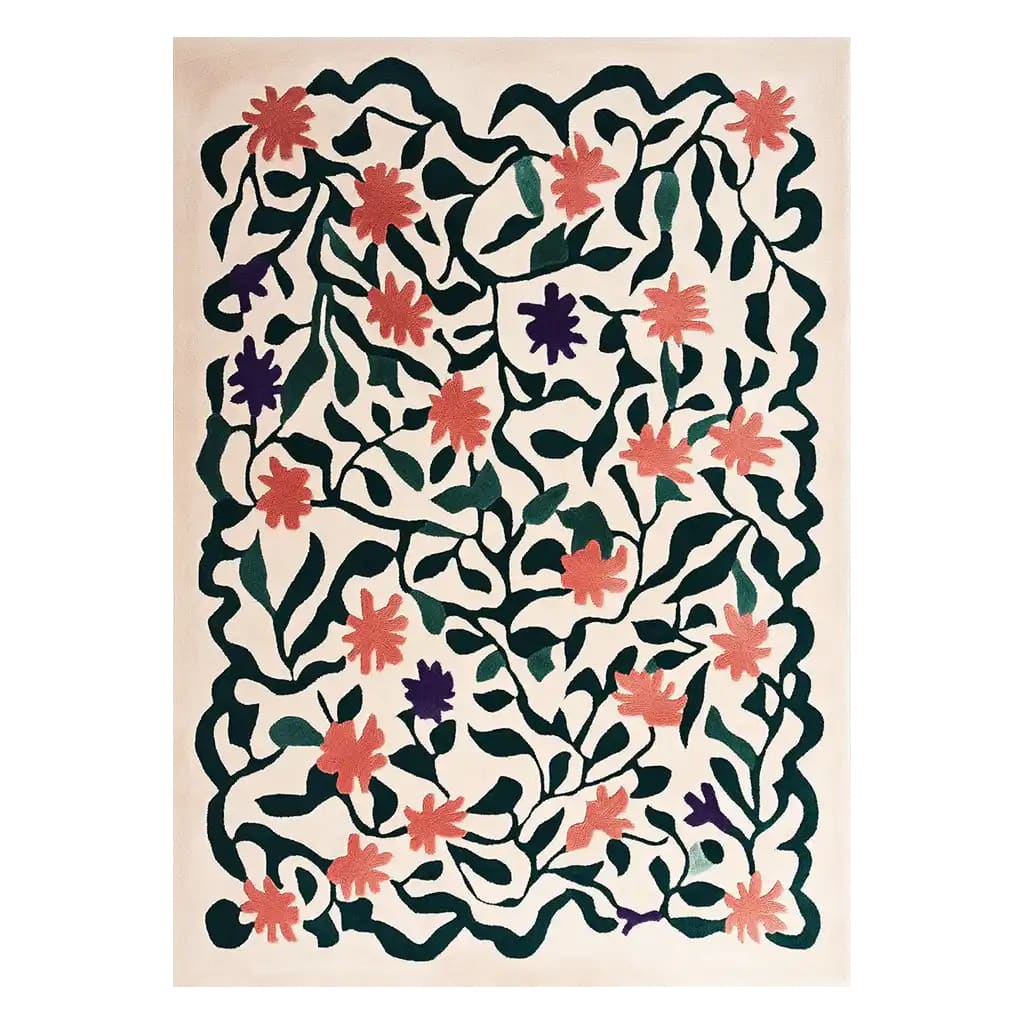 Top view of the Radiant Burst Hand Tufted Wool Rug featuring a vibrant floral pattern with red and purple flowers intertwined with green vines on a cream background. This contemporary area rug is perfect for adding a touch of elegance to your living room, offering a soft and luxurious feel.