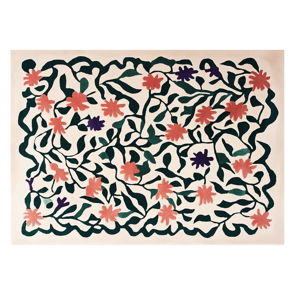 A vibrant Radiant Burst Hand Tufted Wool Rug featuring an abstract floral design with green vines and red and purple flowers, perfect as a contemporary area rug for living rooms.