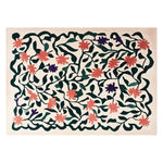 A vibrant Radiant Burst Hand Tufted Wool Rug featuring an abstract floral design with green vines and red and purple flowers, perfect as a contemporary area rug for living rooms.
