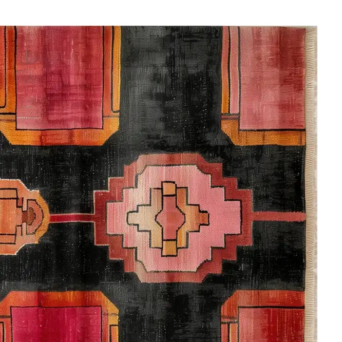 A vibrant Radiant Deco Hand Tufted Wool Rug showcasing a bold geometric design in shades of red, pink, and orange on a dark background. Perfect as a vintage area rug for the living room, sized 8x10.