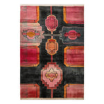 A vibrant and artistic area rug featuring an abstract geometric pattern in shades of red, pink, and orange against a dark background. This hand-tufted wool rug adds a vintage touch and warmth to any living room, perfect for an 8x10 space.