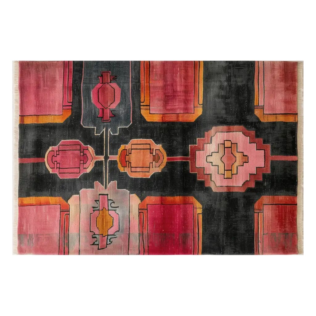 A vibrant area rug featuring an abstract geometric design in shades of red, orange, and pink on a dark background. This wool rug, perfect for adding a stylish touch to living room spaces, is available in an 8x10 size. Its vintage rug pattern brings a unique flair to any decor.