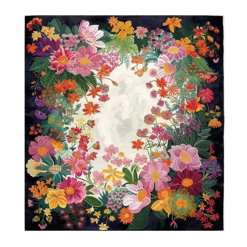 The Radiant Garden Hand Tufted Rug is a stunning area rug ideal for the living room. This large 8x10 wool rug features a vibrant floral design with an array of colorful flowers against a soft, neutral background, making it a perfect choice for adding elegance to any living space.