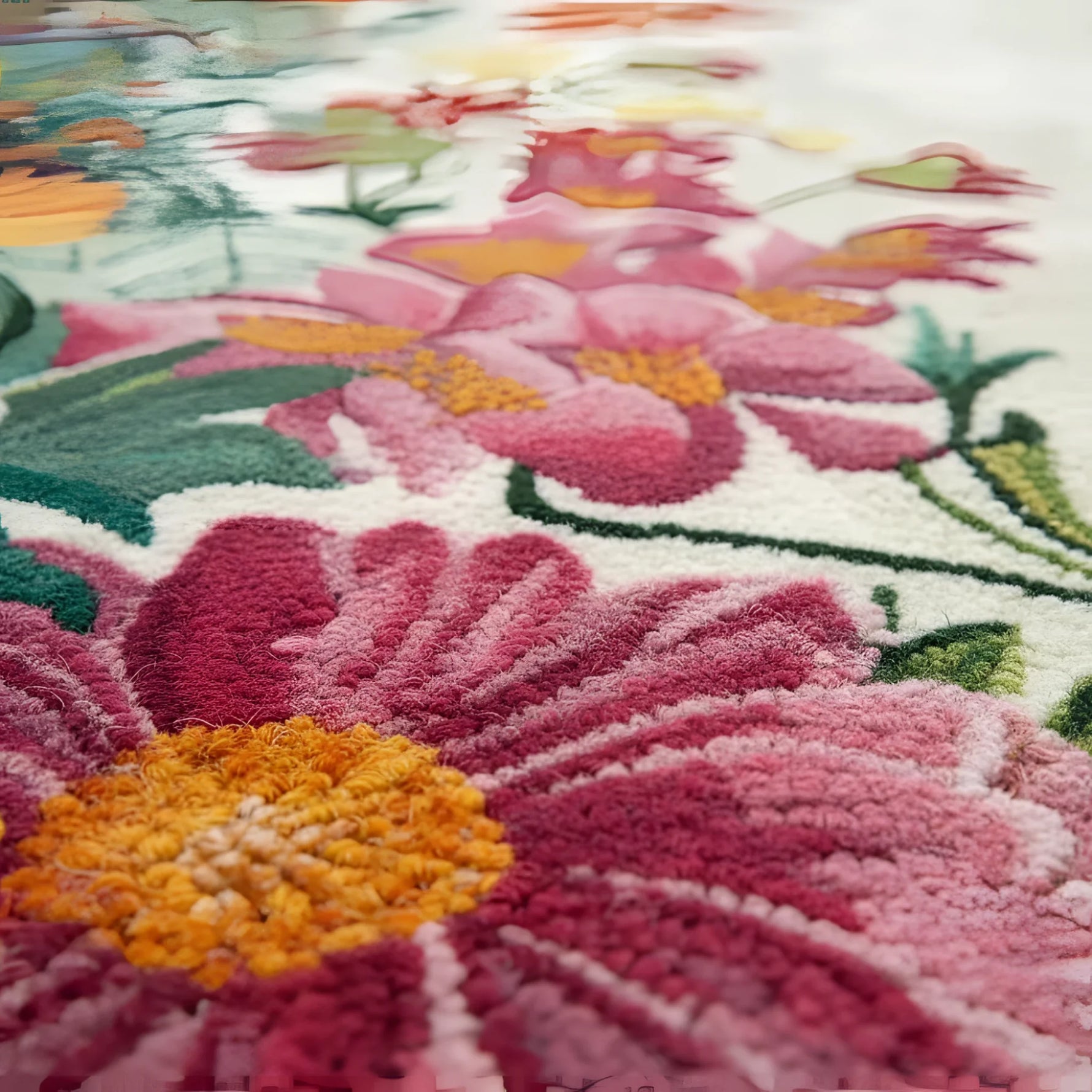 Close-up of a colorful floral patterned rug with pink and orange flowers.