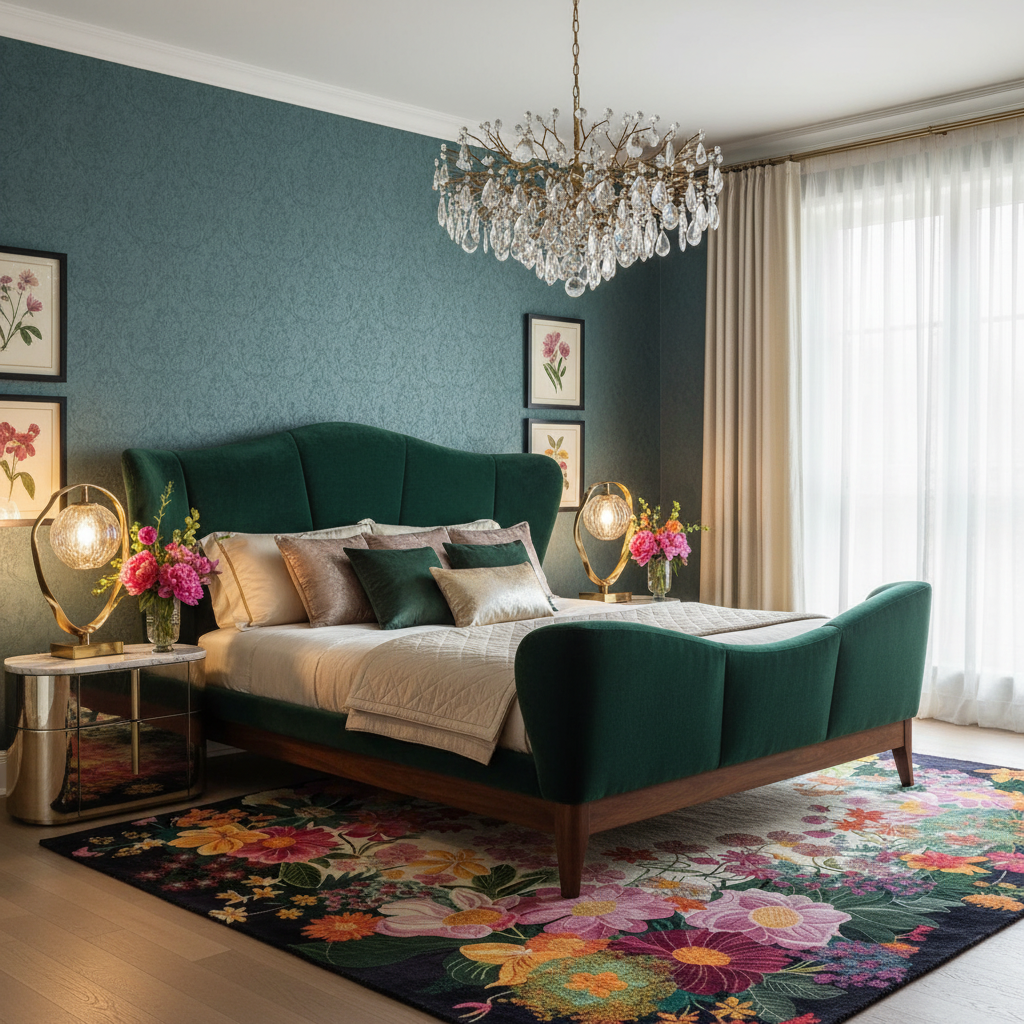 Radiant Garden hand tufted rug with large pink, magenta, orange, and white blooms on dark ground, in-room bedroom view
