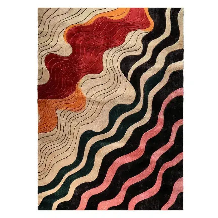 Vibrant area rug with flowing abstract patterns in red, orange, and black tones, ideal for contemporary dining rooms or living rooms. This wool rug adds a touch of modern elegance and style to any space, perfect for living room and dining room rugs.