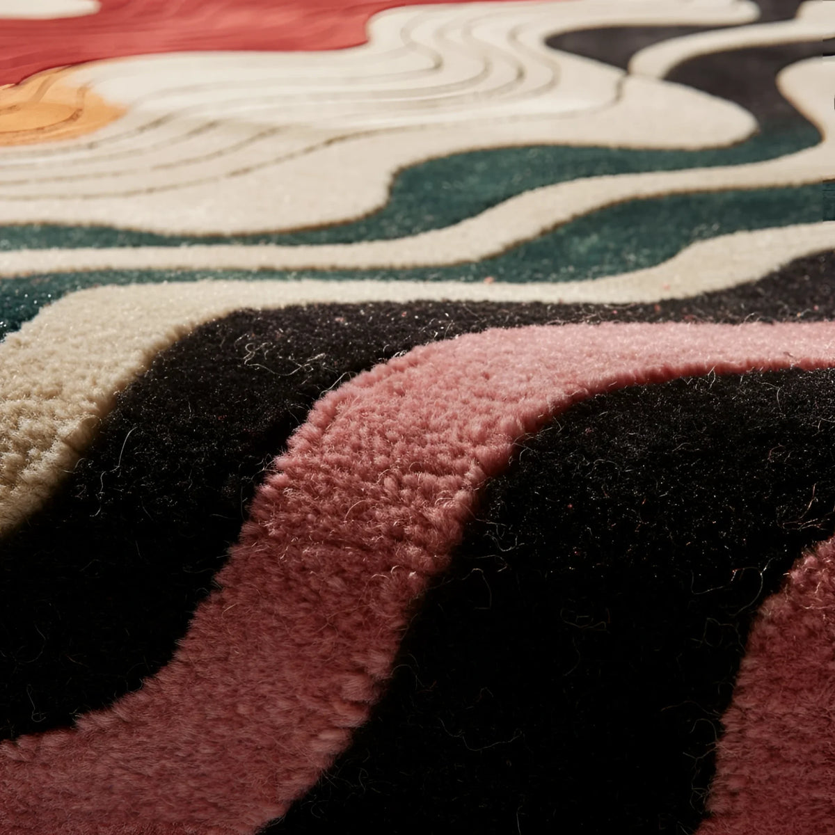 Close-up of a multicolored textured rug with wavy patterns.
