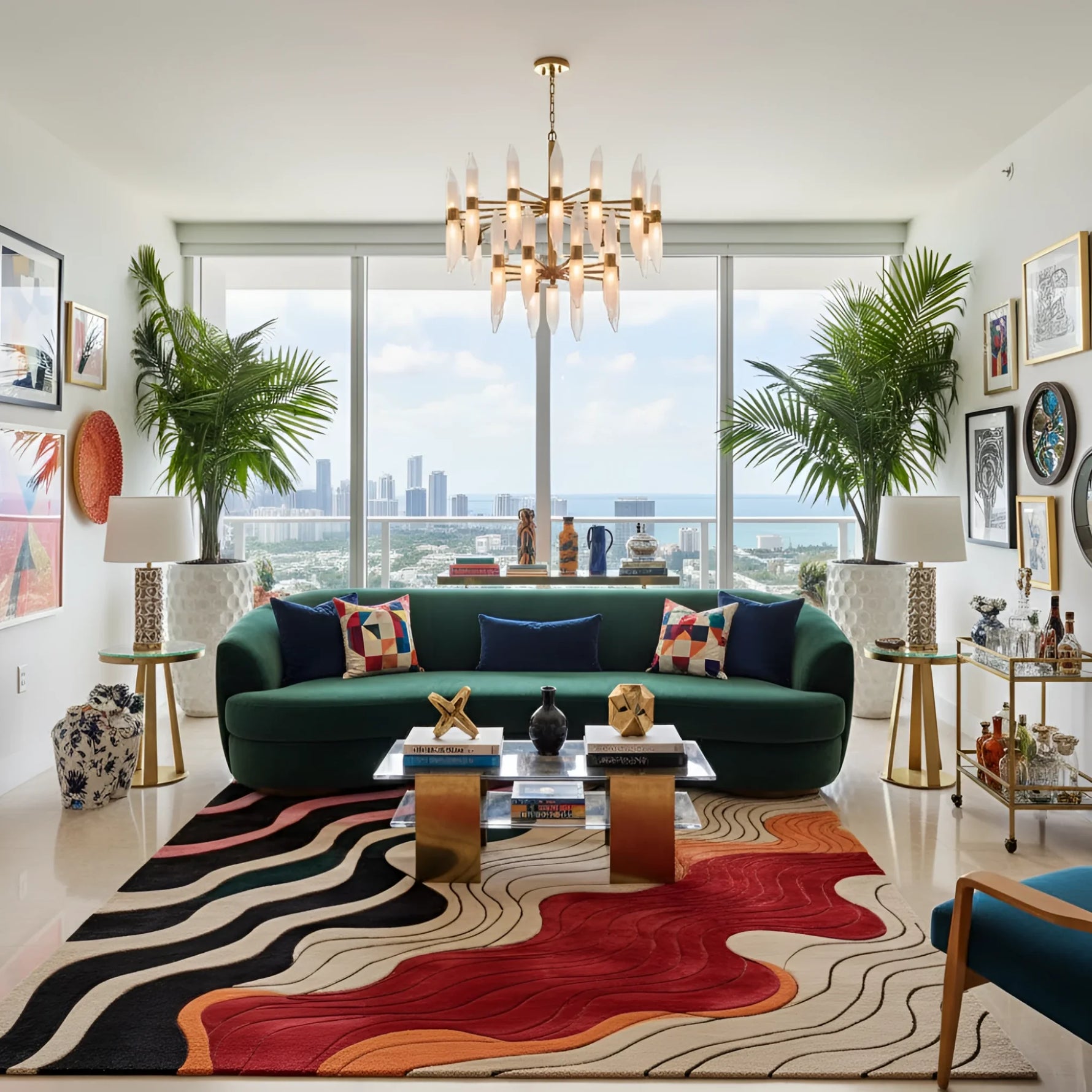 Modern living room with a green sofa, colorful rug, and cityscape view.