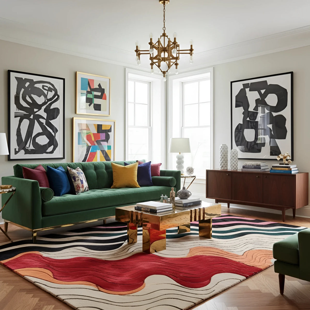 Modern living room with a green sofa, colorful rug, and abstract art.