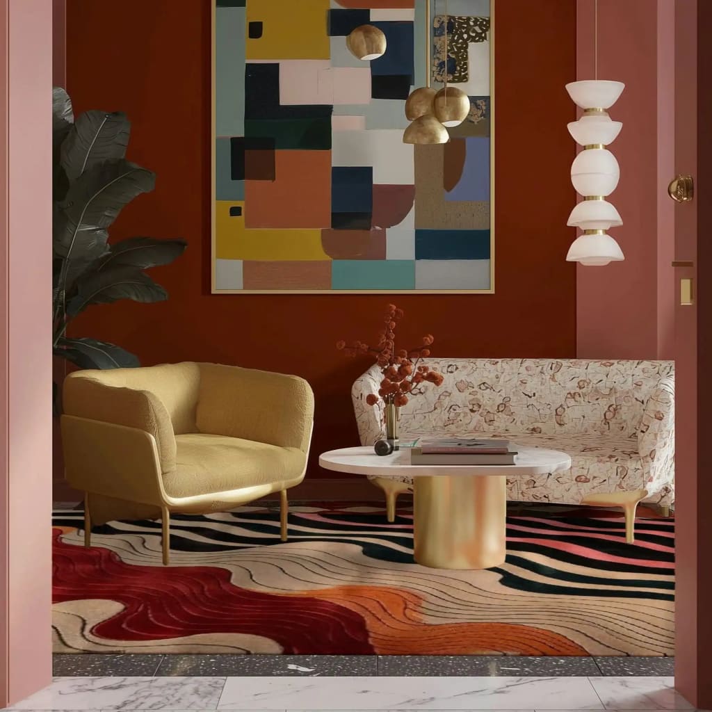 A vibrant and contemporary area rug with an abstract design in red, orange, and black waves, adding a striking touch to a modern living room. The room features a mustard-yellow armchair, a patterned sofa, and a round white coffee table, set against rich terracotta walls adorned with a colorful geometric painting. Ideal for dining room or living room spaces, this wool rug perfectly complements modern decor.