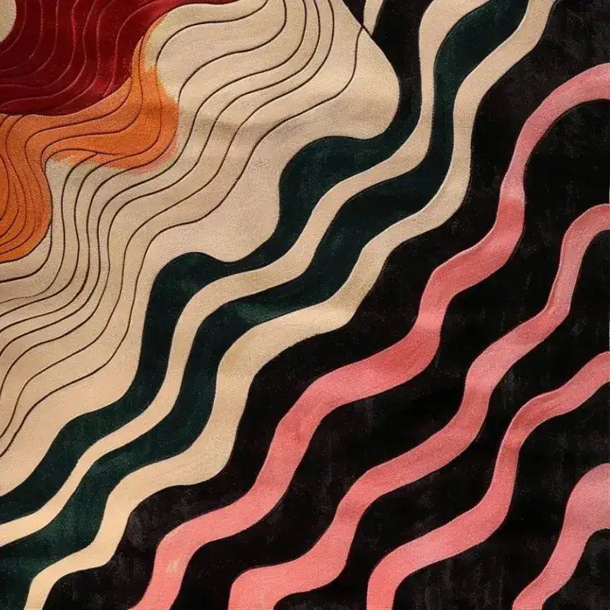 A vibrant hand-tufted area rug showcasing an abstract design with flowing wavy lines in shades of red, orange, pink, and black. Perfect for adding a contemporary touch to a dining room or living room. This wool rug brings a harmonious blend of colors, ideal for modern living room and dining room settings.