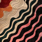 A vibrant hand-tufted area rug showcasing an abstract design with flowing wavy lines in shades of red, orange, pink, and black. Perfect for adding a contemporary touch to a dining room or living room. This wool rug brings a harmonious blend of colors, ideal for modern living room and dining room settings.