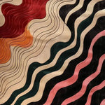 A close-up view of the Radiant Harmony Hand Tufted Area Rug showcasing its wavy abstract pattern in vibrant shades of red, orange, black, and cream. This contemporary wool rug is perfect for enhancing the aesthetic of dining rooms or living rooms, offering a modern and artistic touch.