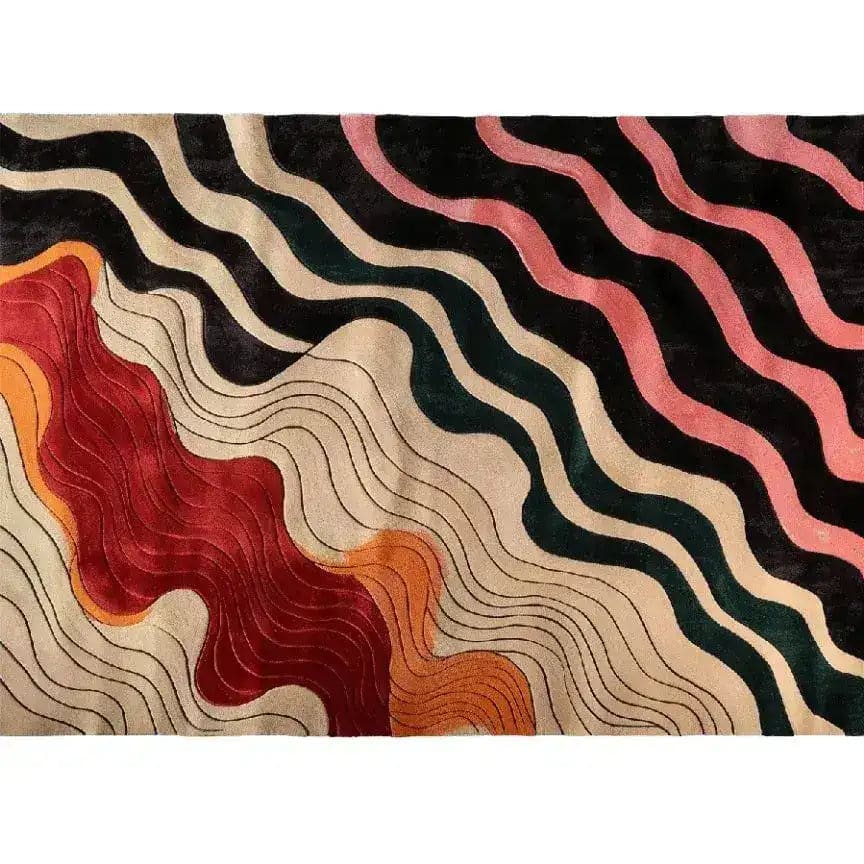 Top view of the Radiant Harmony Hand Tufted Area Rug featuring vibrant wavy patterns in shades of red, orange, pink, and black, perfect for adding a contemporary touch to living room and dining room spaces. This wool rug offers a stylish and modern design ideal for enhancing the ambiance of any room.