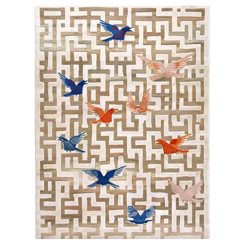 Top view of the Radiant Journey Hand Tufted Wool Rug, featuring a unique maze-like pattern in neutral tones with vibrant orange and blue birds. This contemporary area rug is perfect for adding a splash of color to large living rooms, crafted from high-quality wool for a luxurious feel.
