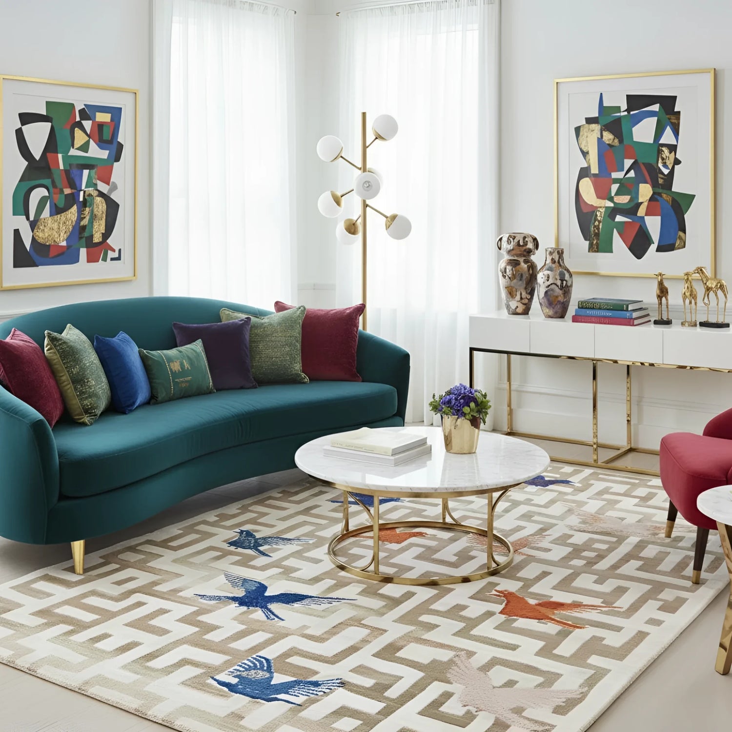 Modern living room with teal sofa, colorful artwork, and decorative rug.