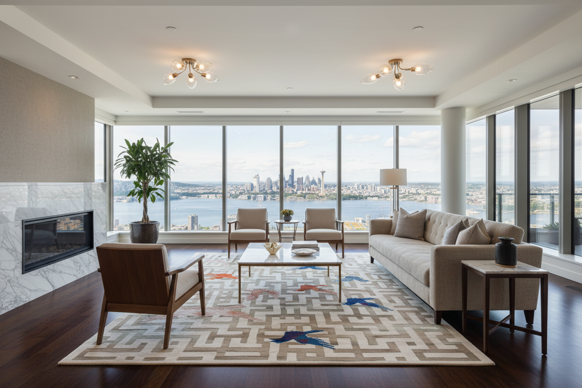 Modern living room with large windows, a contemporary birds wool rug, sofa, chairs, and a coffee table.