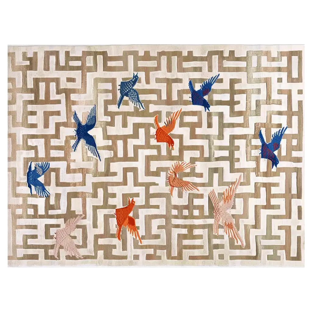 Contemporary area rug featuring a hand-tufted wool design with intricate abstract patterns and vibrant bird motifs. Perfect for enhancing large living rooms, this wool rug blends modern style with comfort and artistic flair.