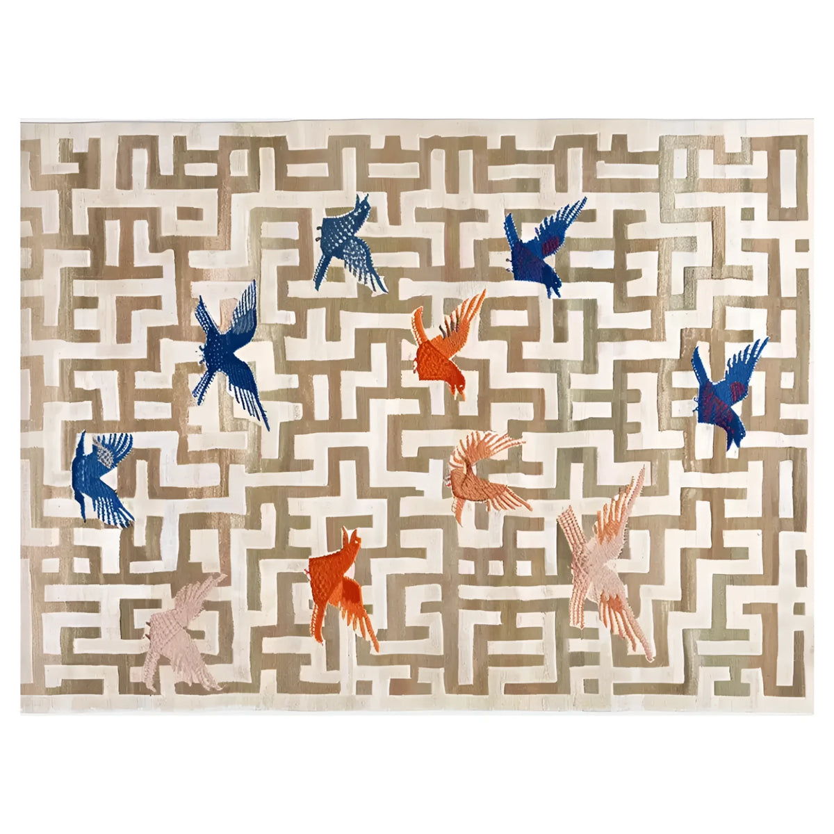 Contemporary area rug featuring a hand-tufted wool design with intricate abstract patterns and vibrant bird motifs. Perfect for enhancing large living rooms, this wool rug blends modern style with comfort and artistic flair.