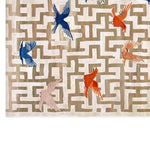 A beautifully designed area rug featuring a contemporary pattern with vibrant birds in blue, red, and orange, set against a neutral geometric background. This hand tufted wool rug is perfect for adding a touch of elegance and warmth to your living room, making it an ideal choice for those seeking large living room rugs.