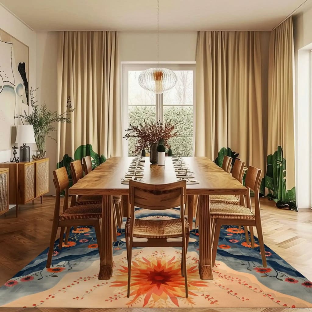 A beautifully decorated living room featuring a large area rug with a vibrant floral design. This wool rug adds a touch of elegance and warmth to the space, complementing the wooden dining table and chairs. Perfect for anyone looking to enhance their living room with stylish area rugs.